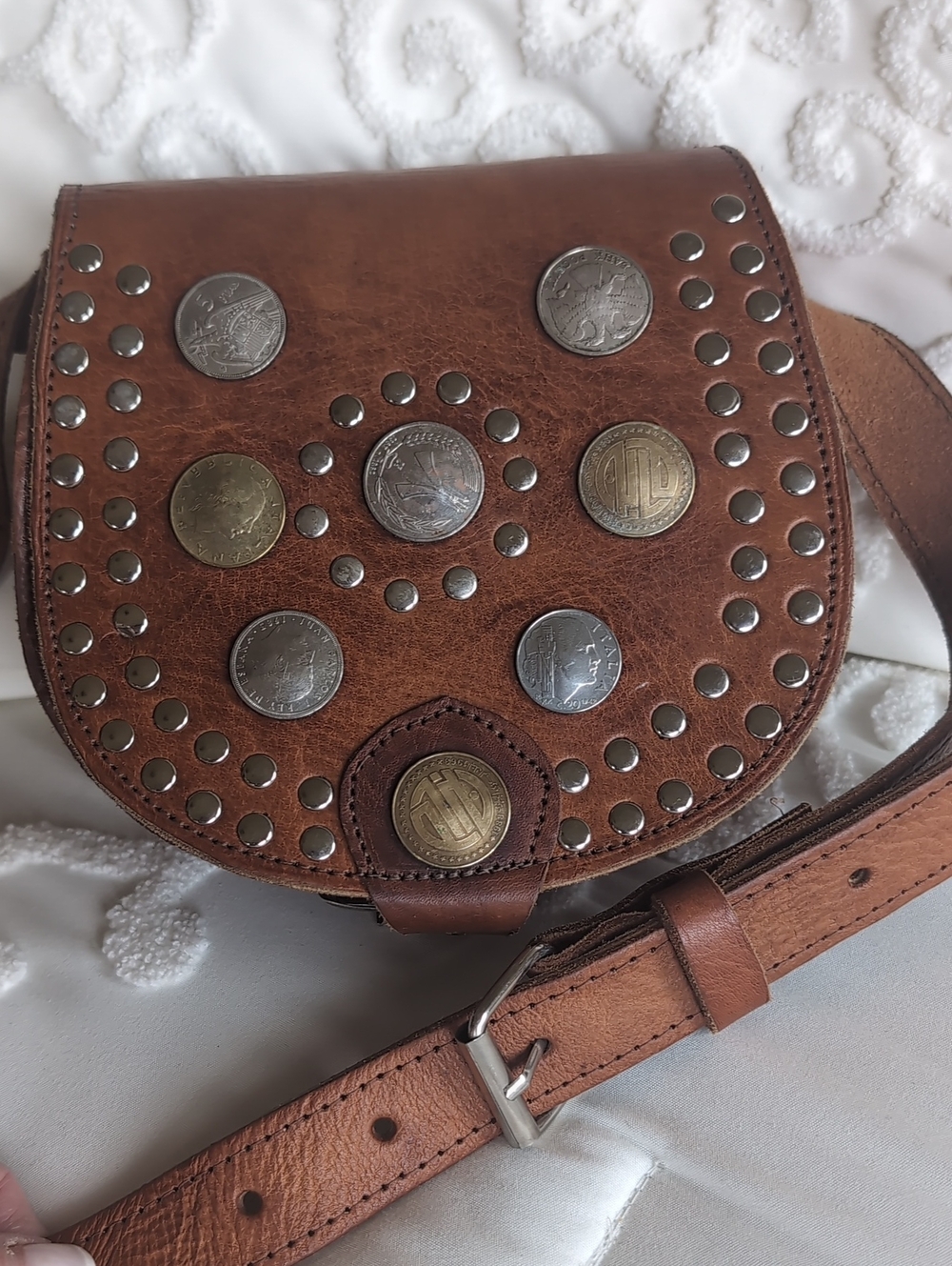 Vintage Moroccan Leather Belt/Cross Shoulder Bag Vintage European Coins Unisex - Picture 11 of 15